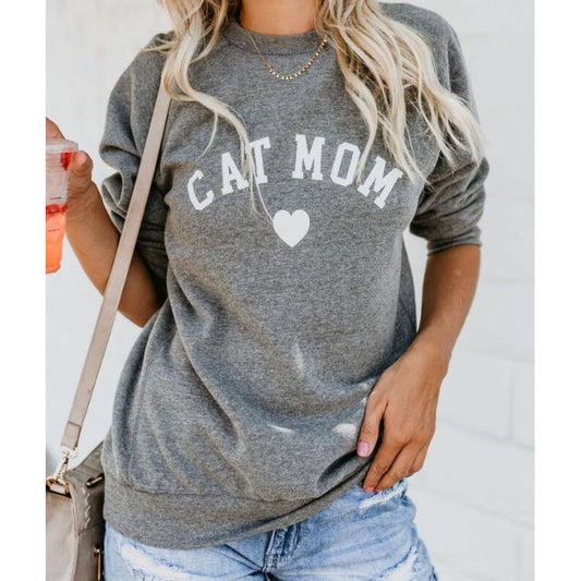 CAT MOM Heart Print Hoodie Long Sleeve