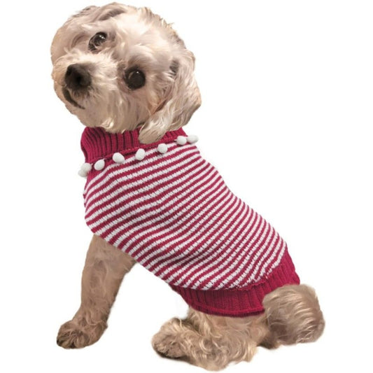 Pom Pom Stripe Dog Sweater - Raspberry